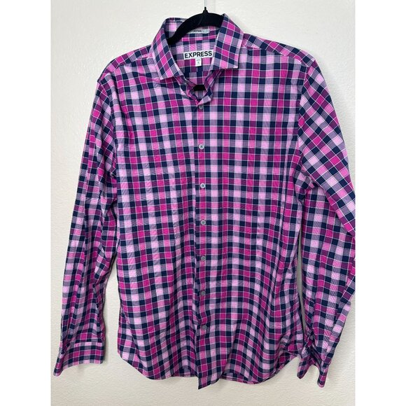 Mens‎ Express Pink Navy Plaid Shirt M 15-15.5 100% Cotton Long Sleeve Fitted - Picture 2 of 6